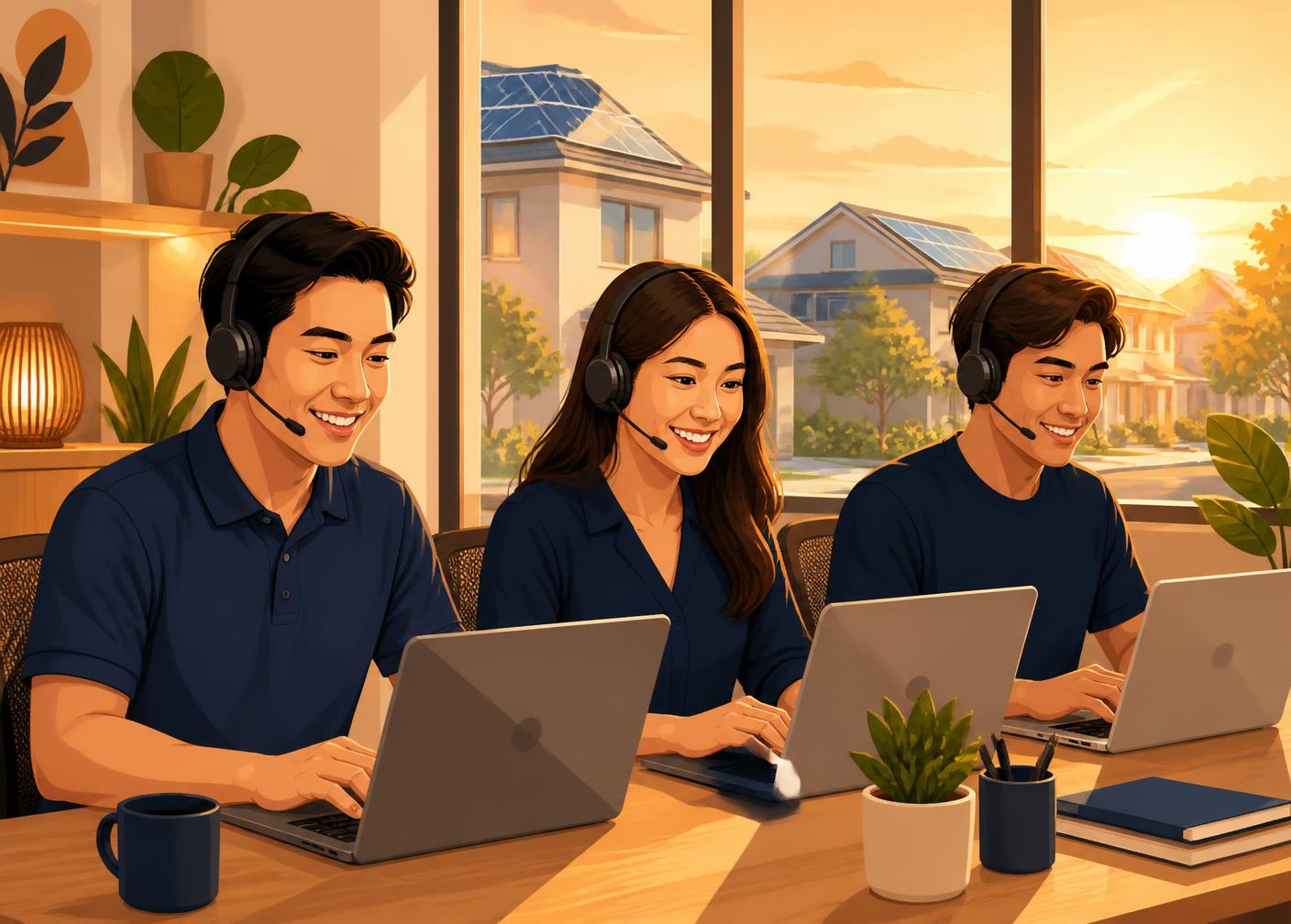Filipino appointment setters working on laptops with headsets, solar-panel homes visible outside the window